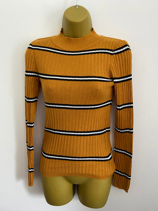 Primark Size XS Mustard Yellow Ribbed Jumper Black White Stripe