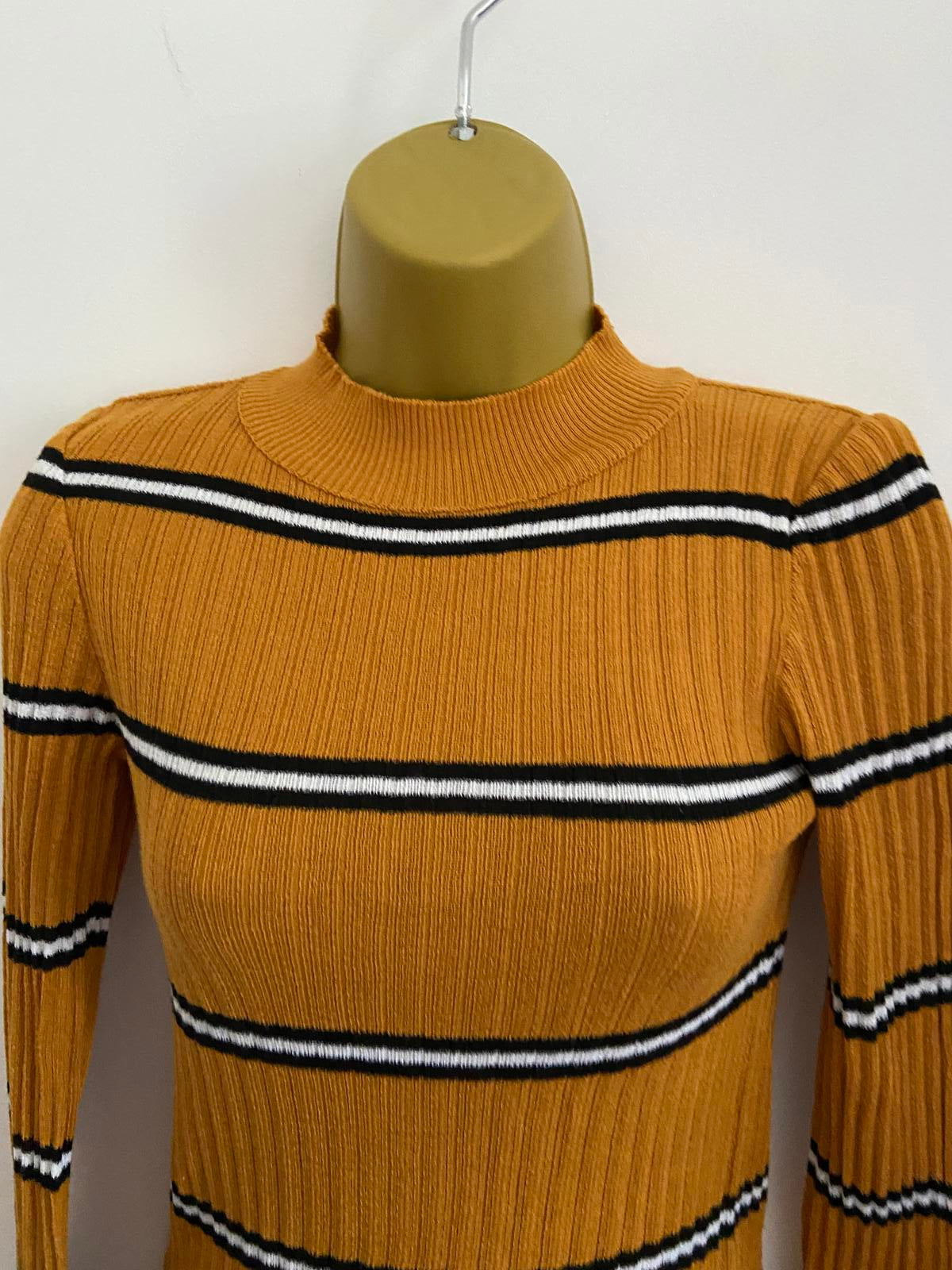 Primark Size XS Mustard Yellow Ribbed Jumper Black White Stripe