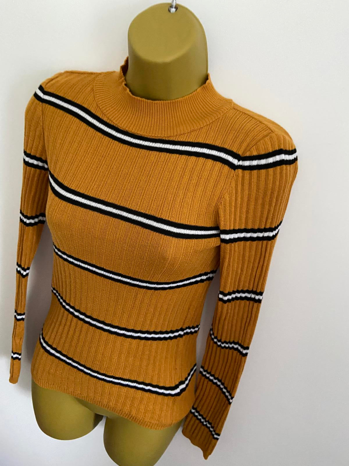 Primark Size XS Mustard Yellow Ribbed Jumper Black White Stripe