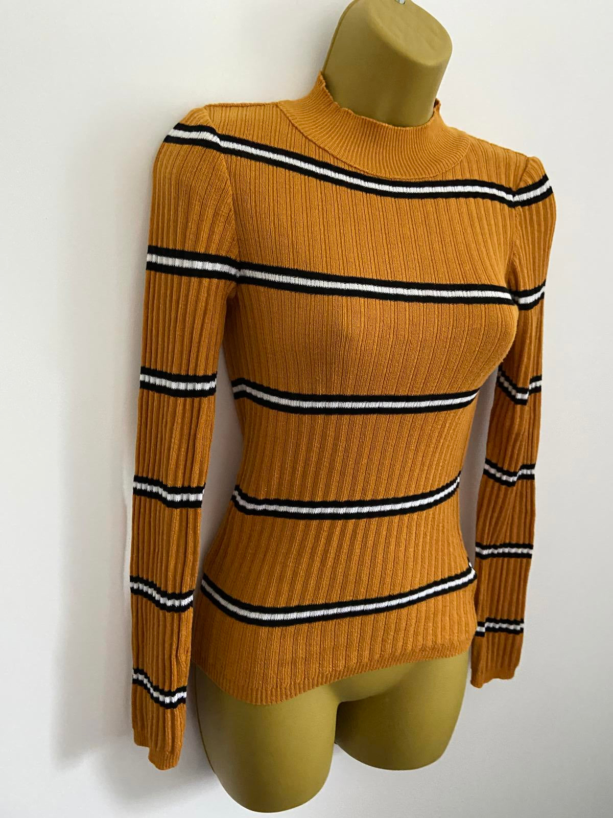 Primark Size XS Mustard Yellow Ribbed Jumper Black White Stripe
