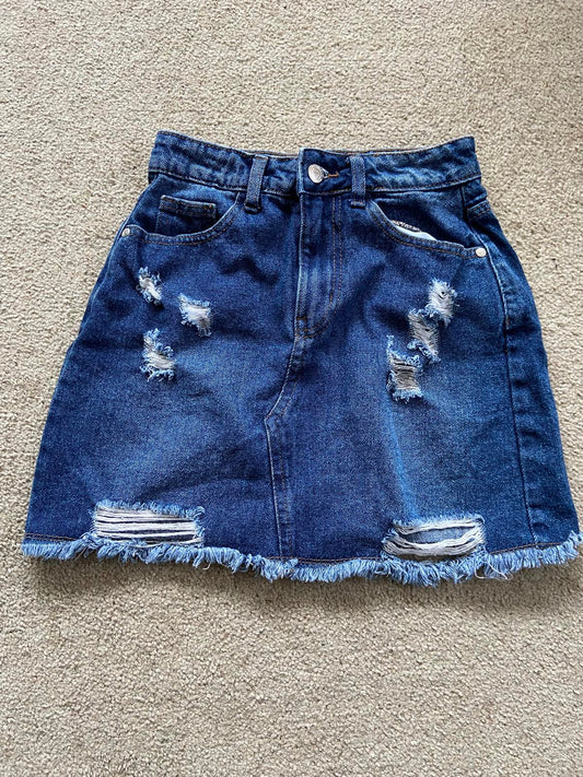 PrettyLittleThing (PLT) Distressed Denim Mini Skirt - Frayed Hem, UK Size 4