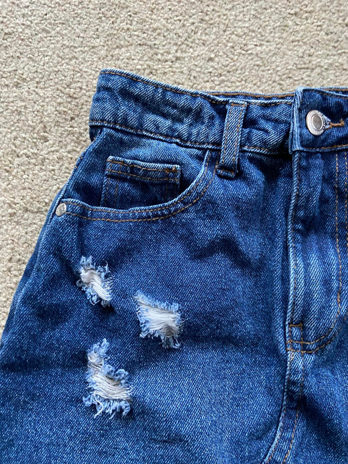 PrettyLittleThing (PLT) Distressed Denim Mini Skirt - Frayed Hem, UK Size 4