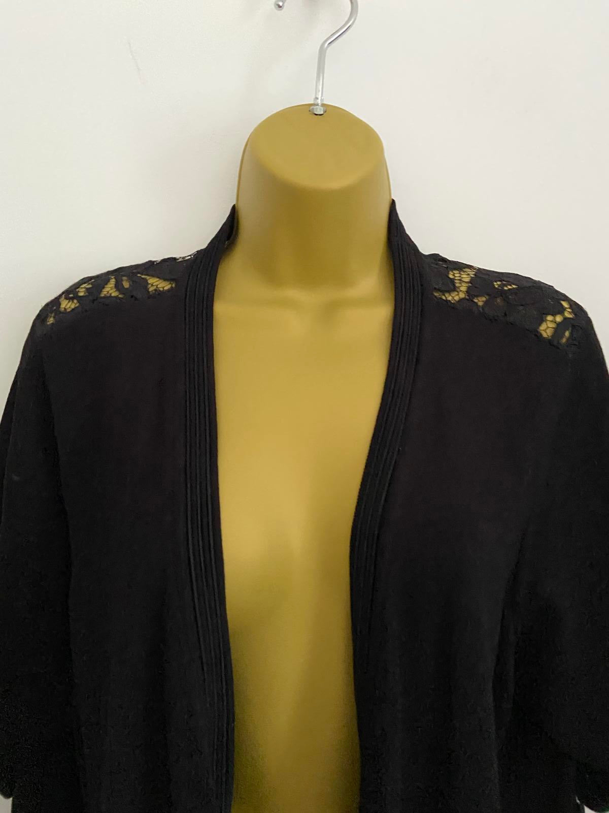 Black Lace Back Open Front Cardigan Size 10-12 Sheer Floral Back