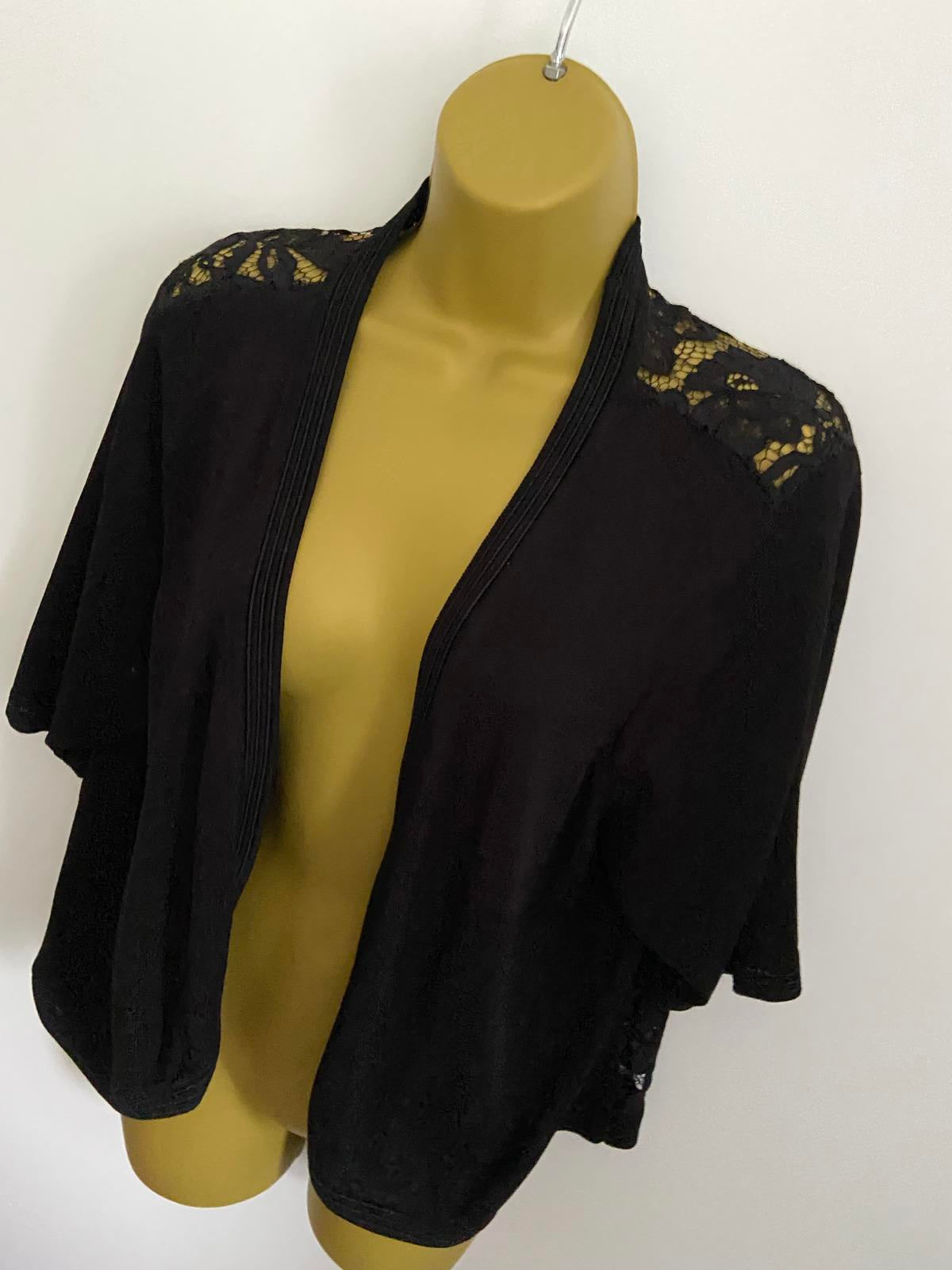 Black Lace Back Open Front Cardigan Size 10-12 Sheer Floral Back