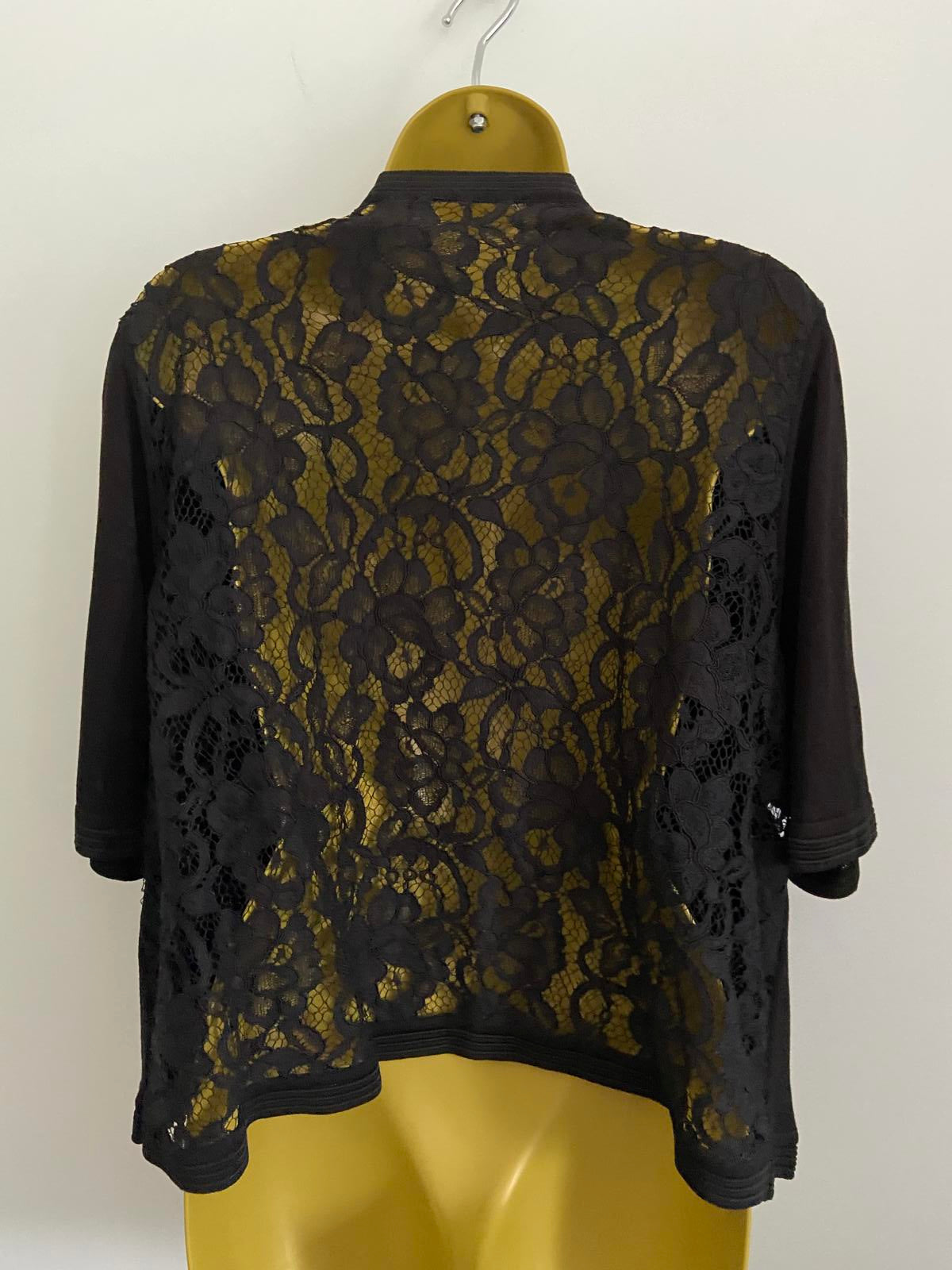 Black Lace Back Open Front Cardigan Size 10-12 Sheer Floral Back