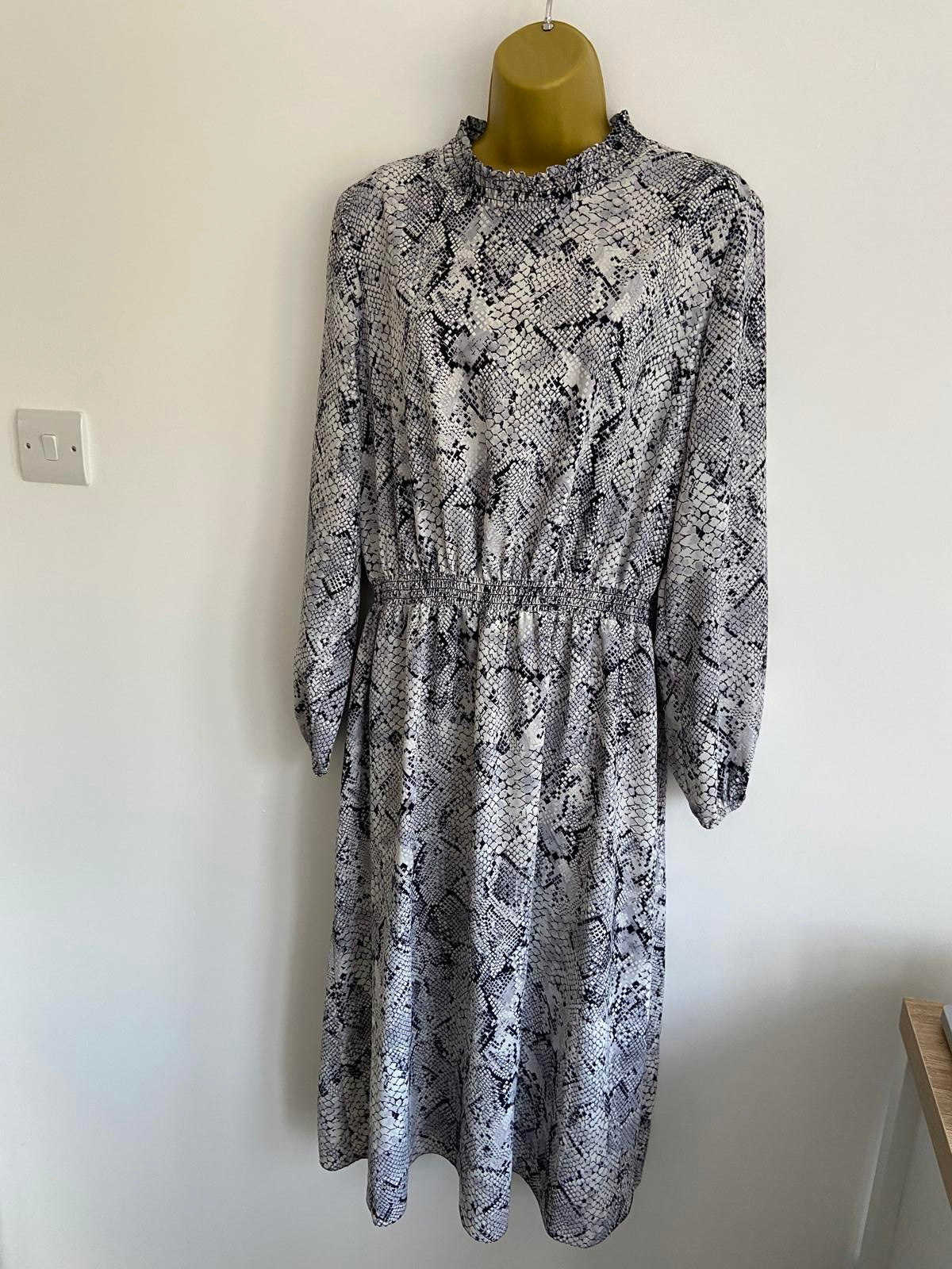 George Size 14 Black Blue Grey Snake Print High Neck Midi Dress