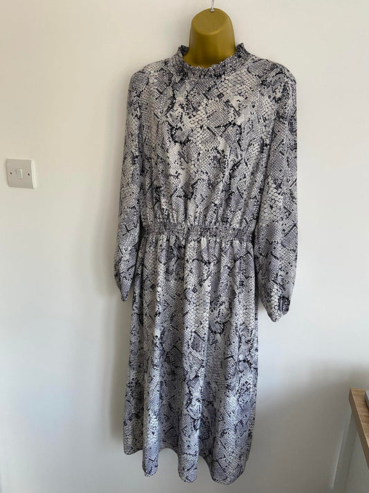 George Size 14 Black Blue Grey Snake Print High Neck Midi Dress