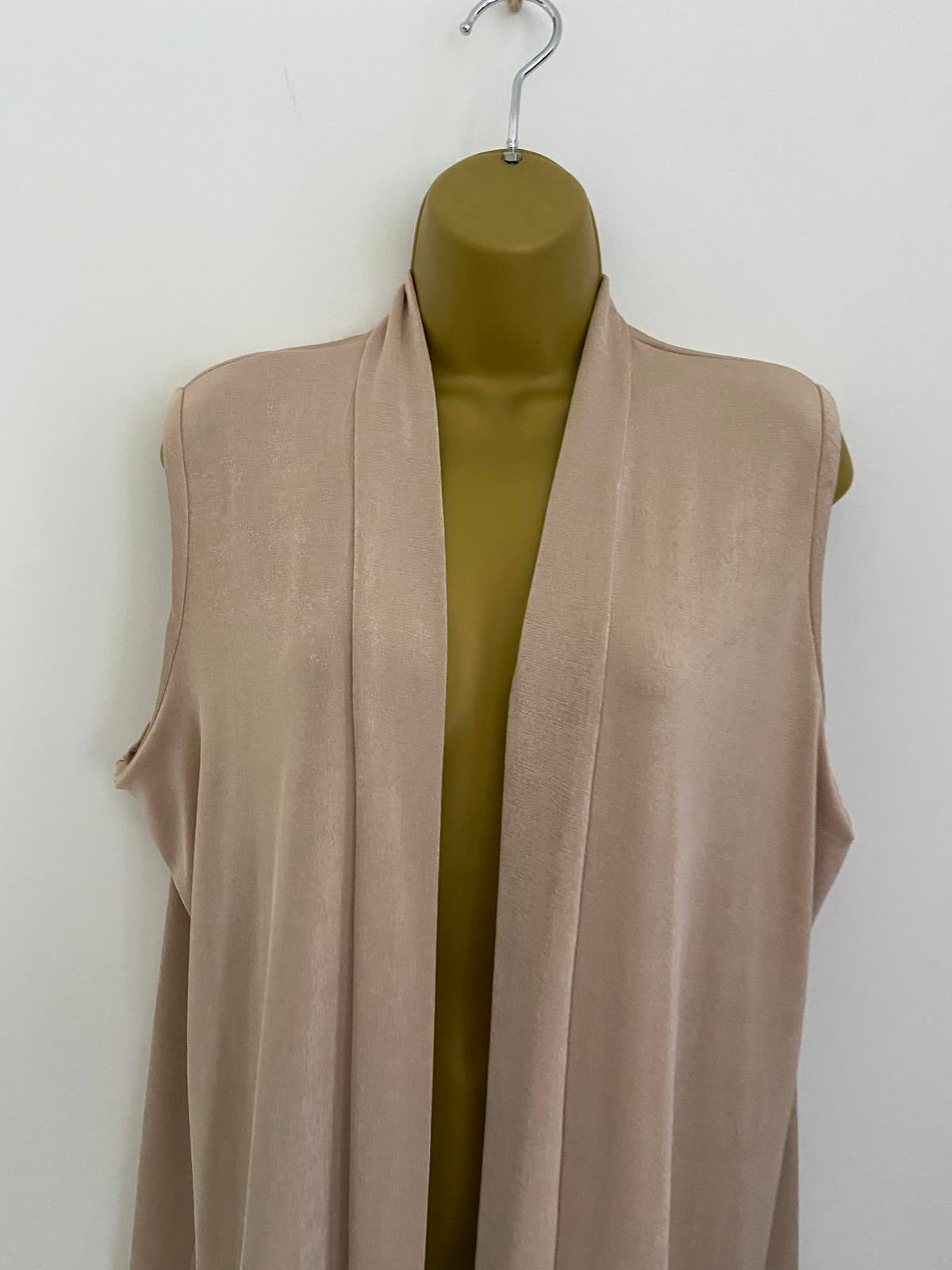 Nude Champagne Shiny Sleeveless Waistcoat Size 16-18 Open Front Draped Long