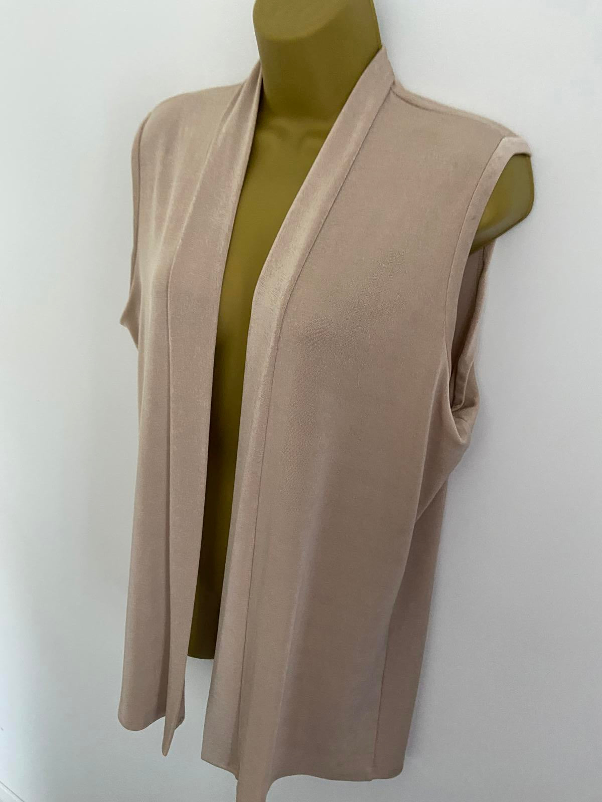 Nude Champagne Shiny Sleeveless Waistcoat Size 16-18 Open Front Draped Long
