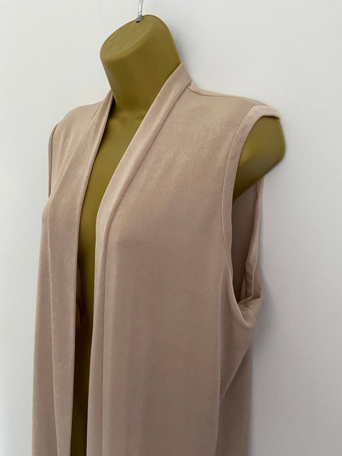 Nude Champagne Shiny Sleeveless Waistcoat Size 16-18 Open Front Draped Long