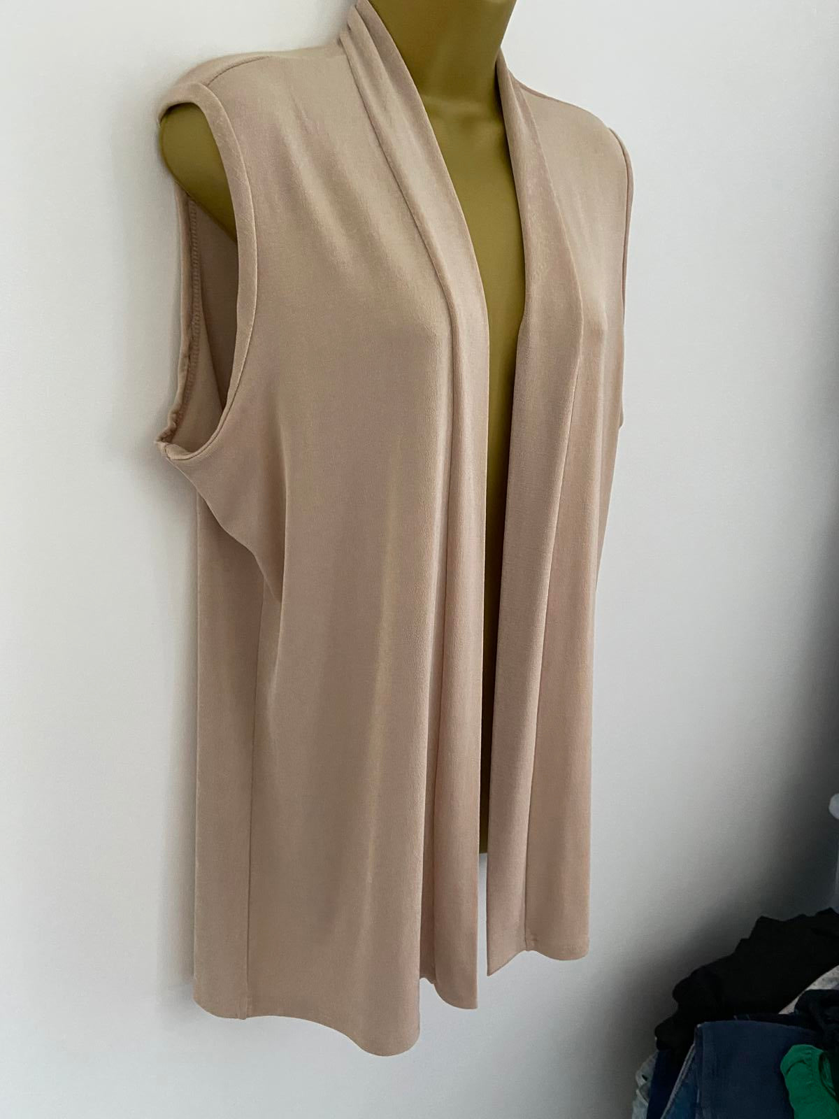 Nude Champagne Shiny Sleeveless Waistcoat Size 16-18 Open Front Draped Long