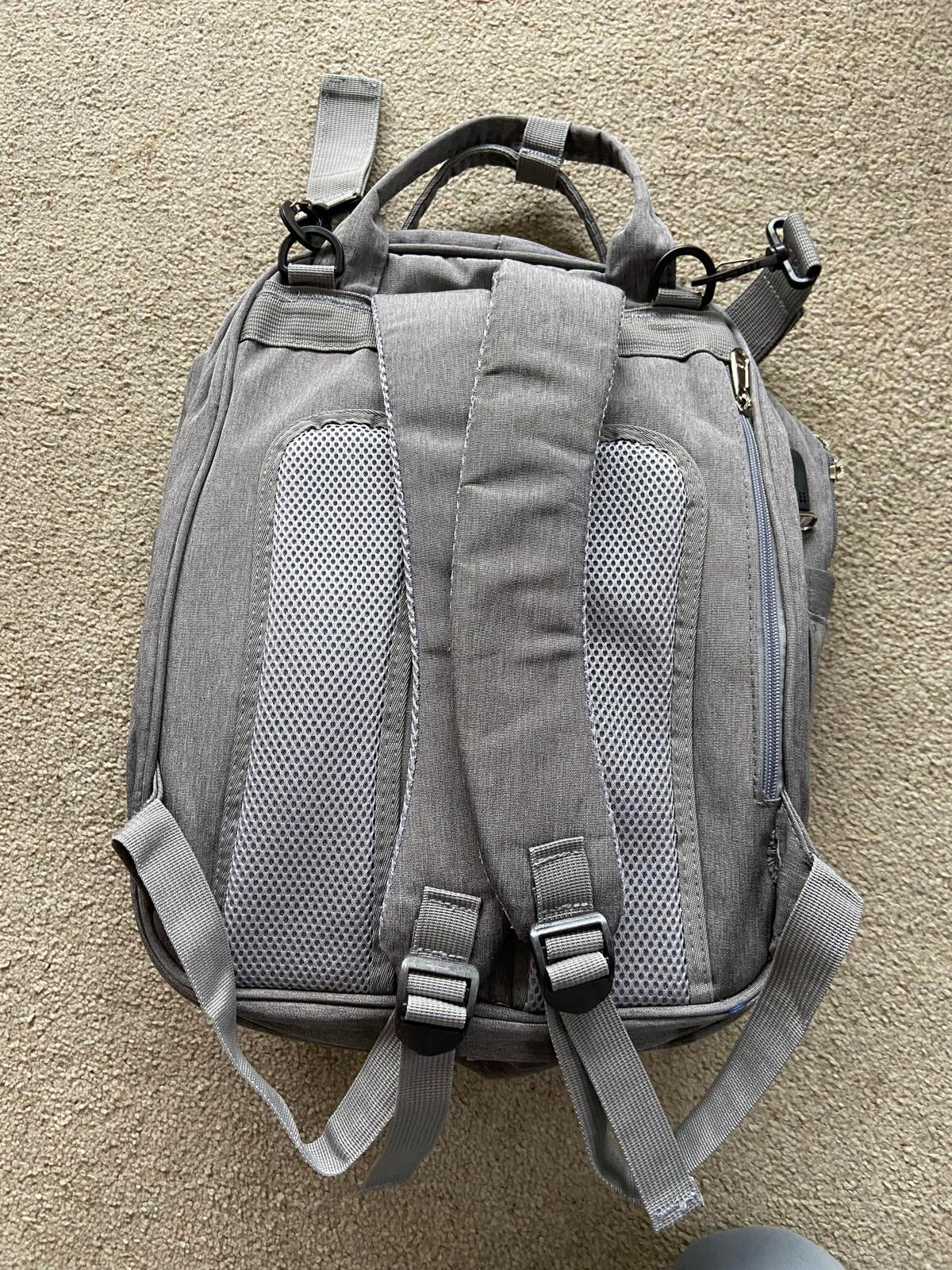Grey Baby Changing Backpack - Many Compartments, Includes Mat