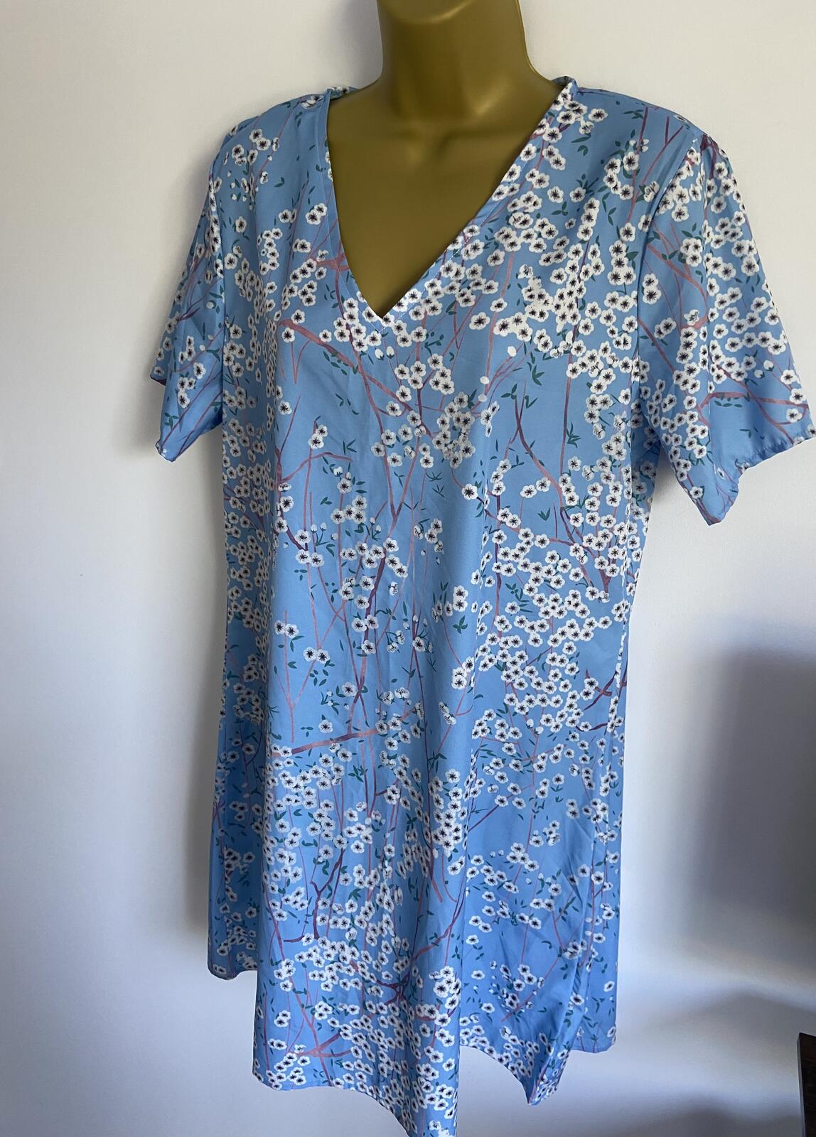 XL Blue Cherry Blossom Floral Dress Casual V-Neck Short Sleeve Lightweight