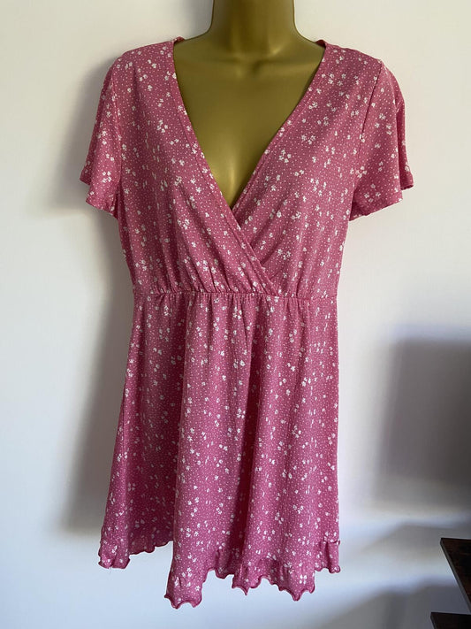 Lefties EU Large Pink Floral Faux Wrap Summer Dress Fluted Hem Short Sleeve
