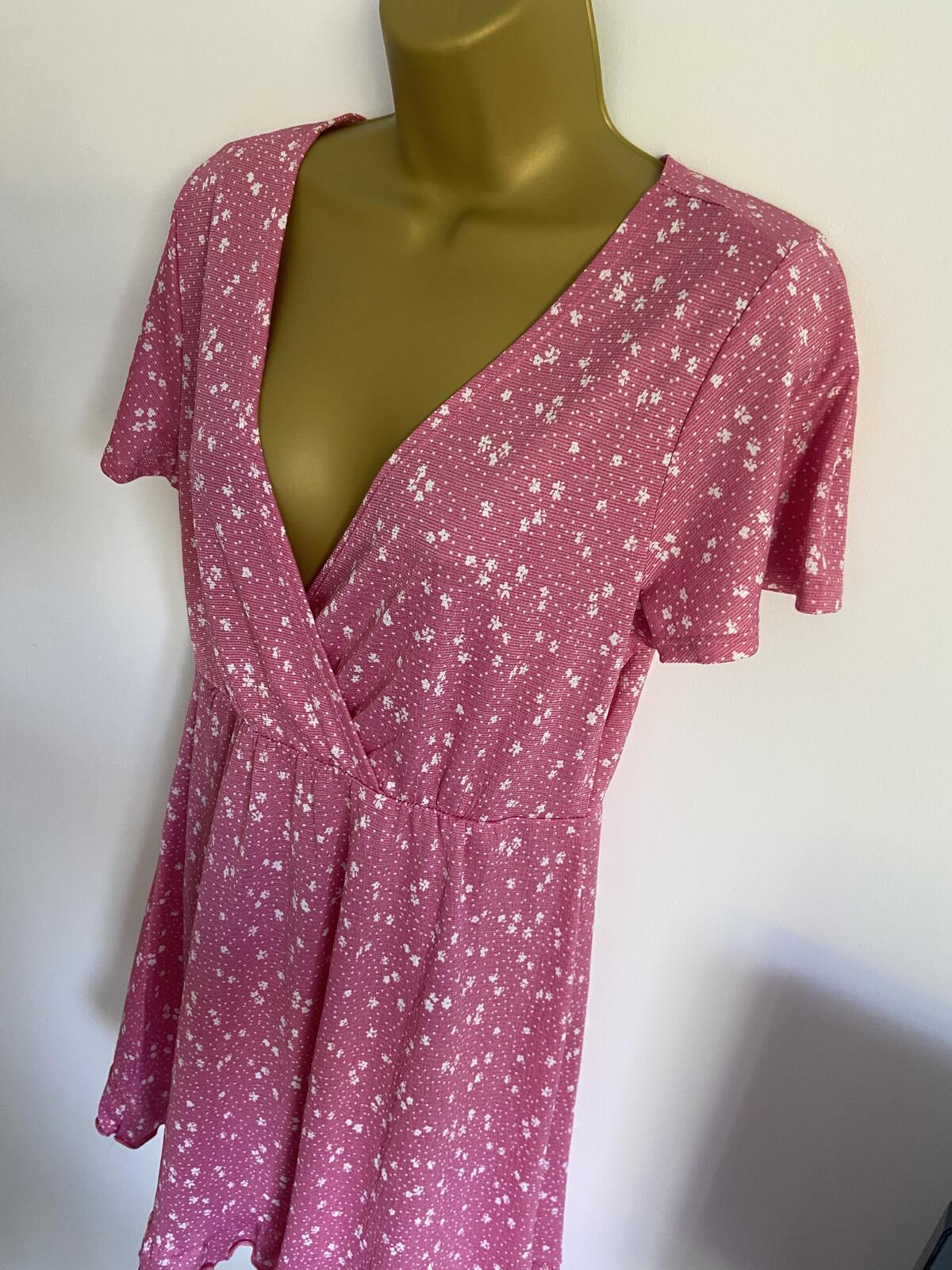 Lefties EU Large Pink Floral Faux Wrap Summer Dress Fluted Hem Short Sleeve