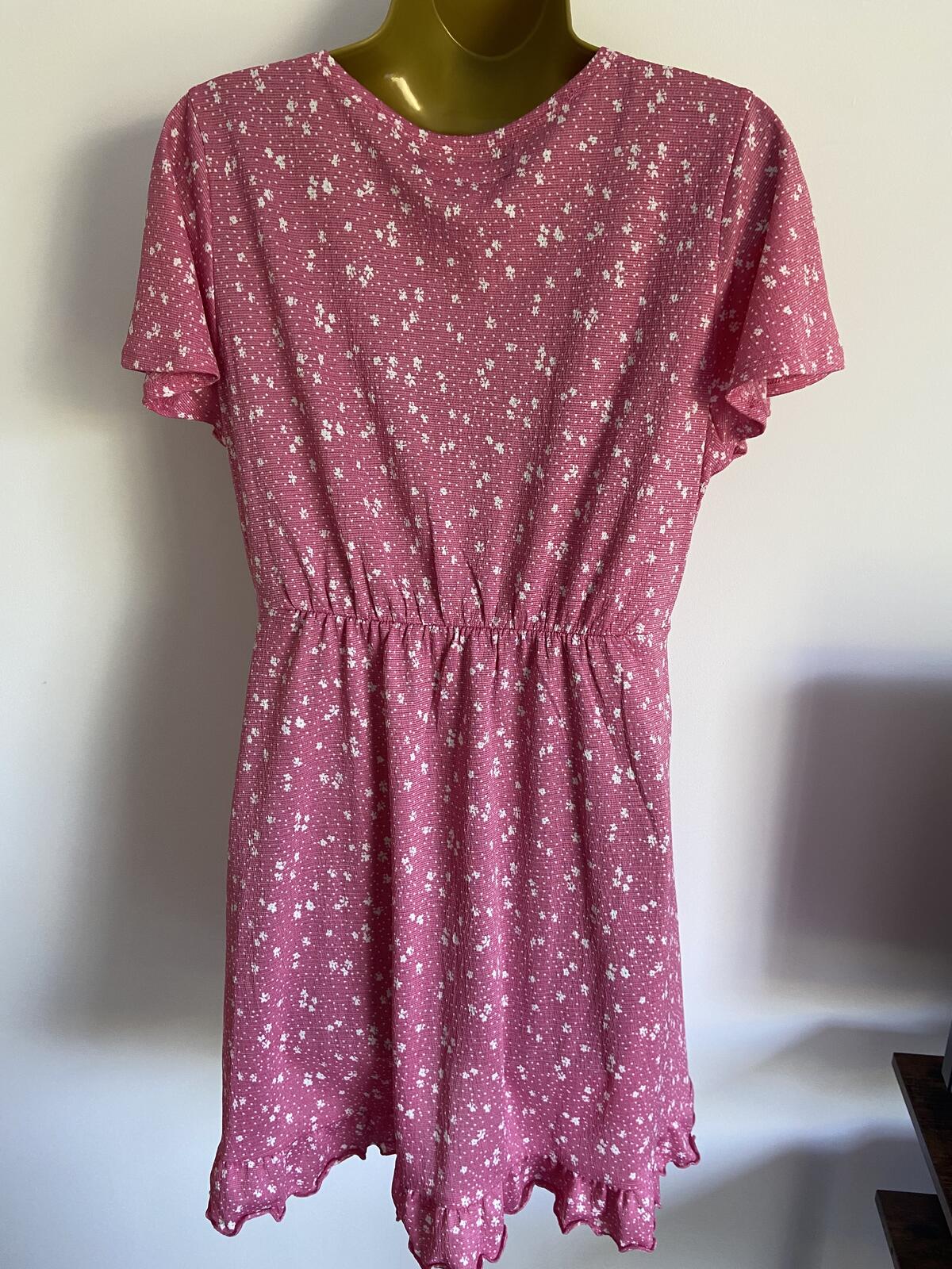 Lefties EU Large Pink Floral Faux Wrap Summer Dress Fluted Hem Short Sleeve