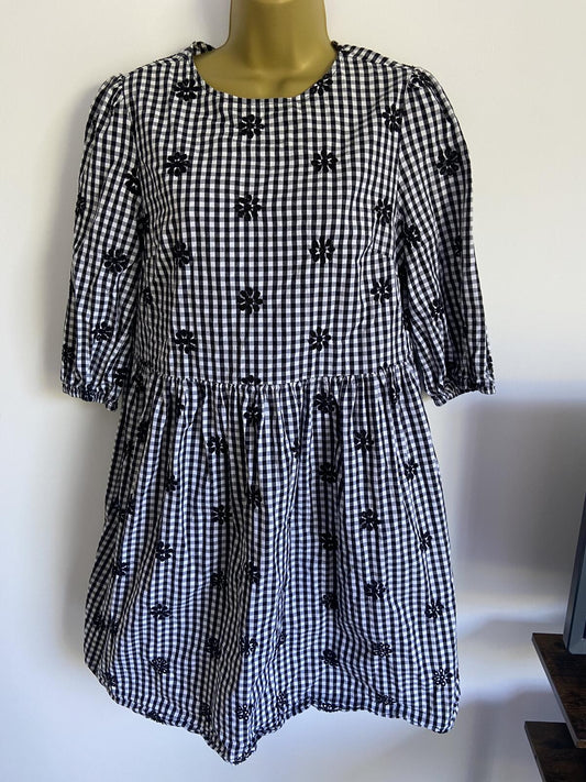 F&F UK 8 Black White Gingham Daisy Embroidered Dress Smock Pockets Cotton