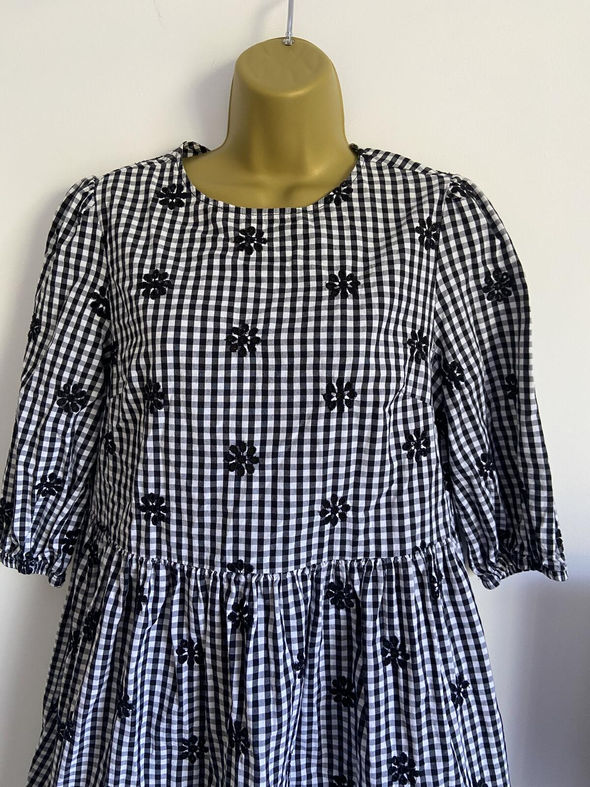 F&F UK 8 Black White Gingham Daisy Embroidered Dress Smock Pockets Cotton