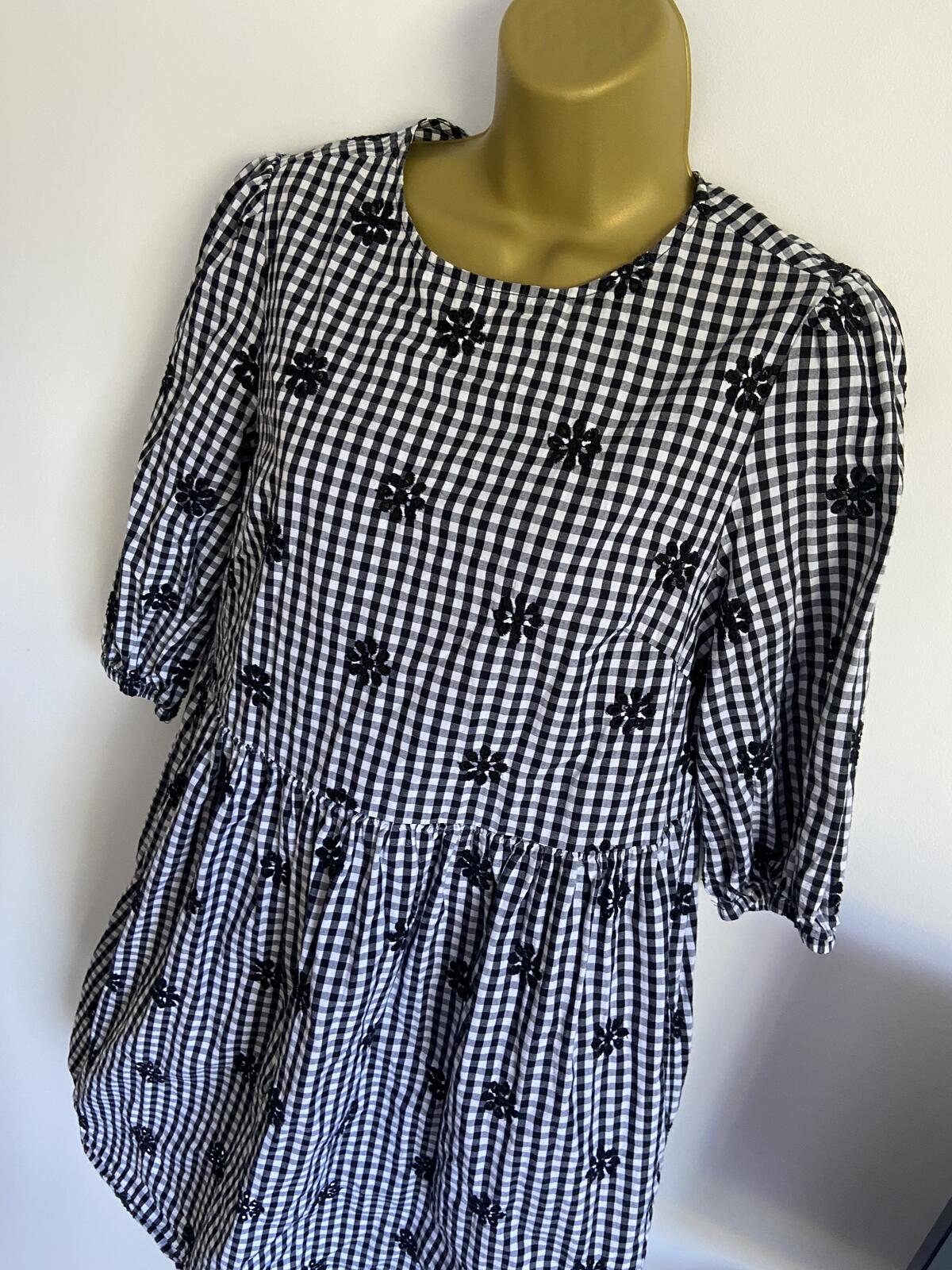 F&F UK 8 Black White Gingham Daisy Embroidered Dress Smock Pockets Cotton