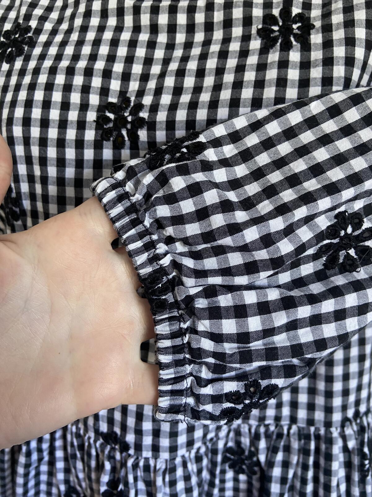 F&F UK 8 Black White Gingham Daisy Embroidered Dress Smock Pockets Cotton
