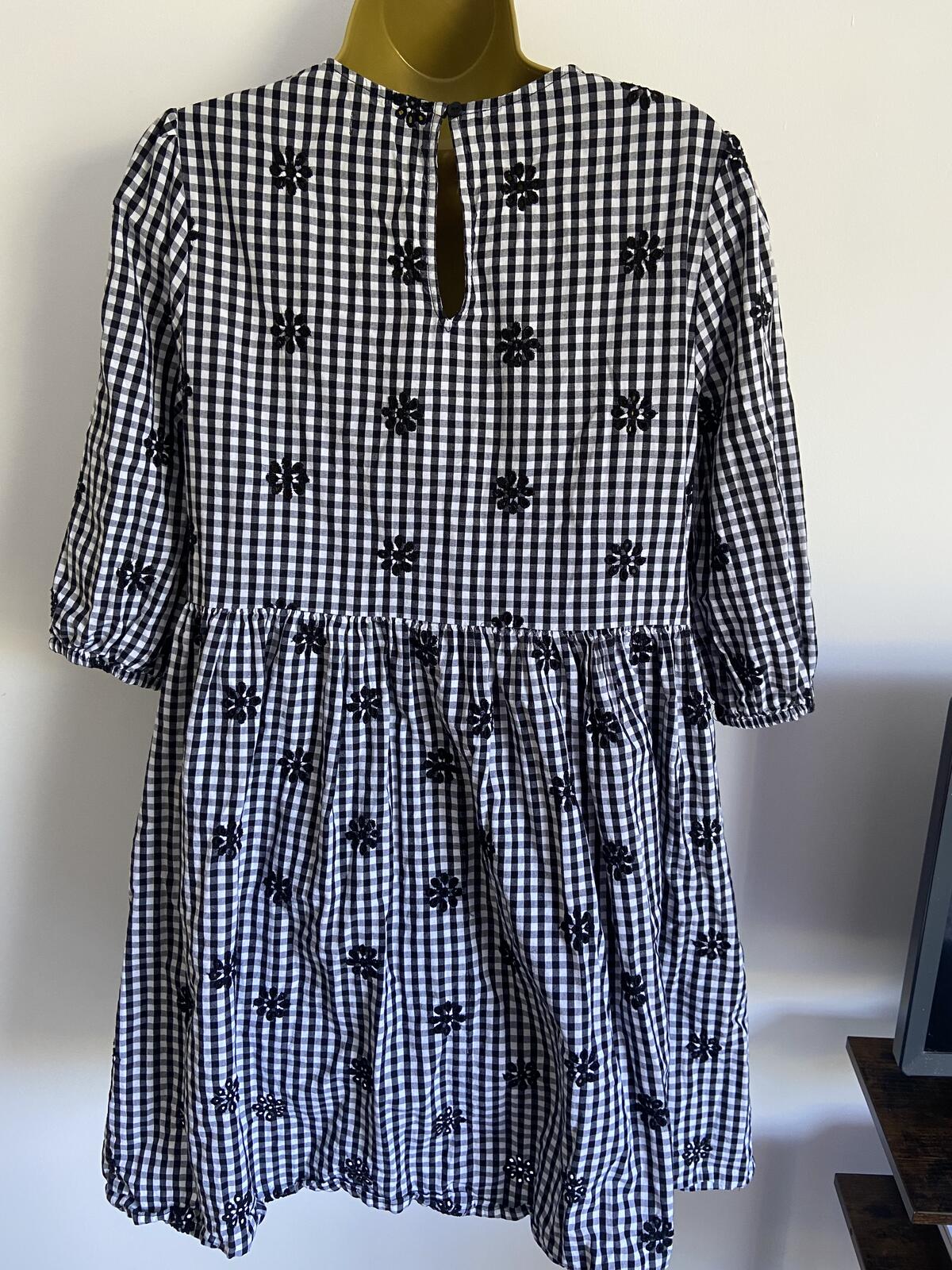 F&F UK 8 Black White Gingham Daisy Embroidered Dress Smock Pockets Cotton