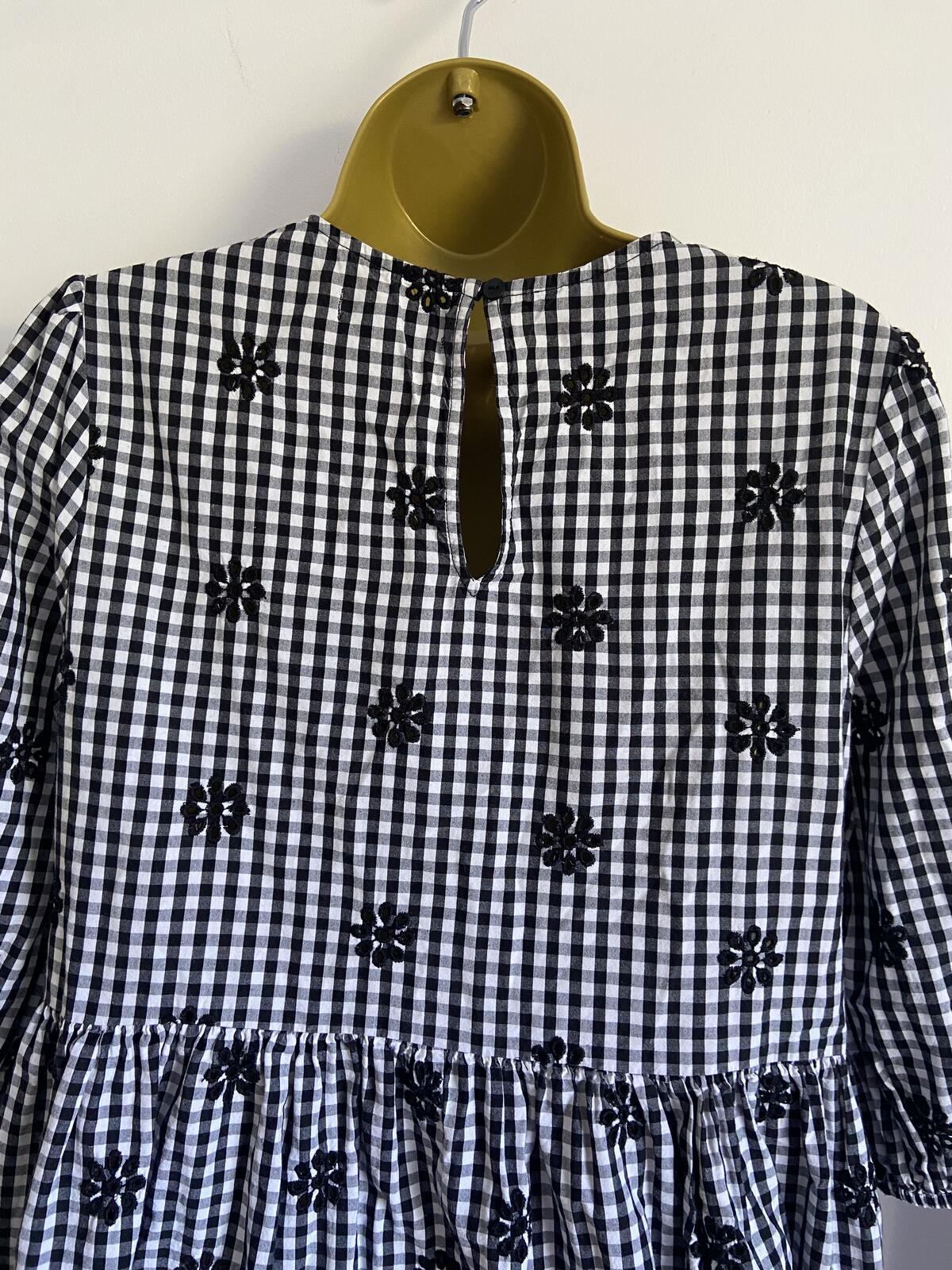 F&F UK 8 Black White Gingham Daisy Embroidered Dress Smock Pockets Cotton