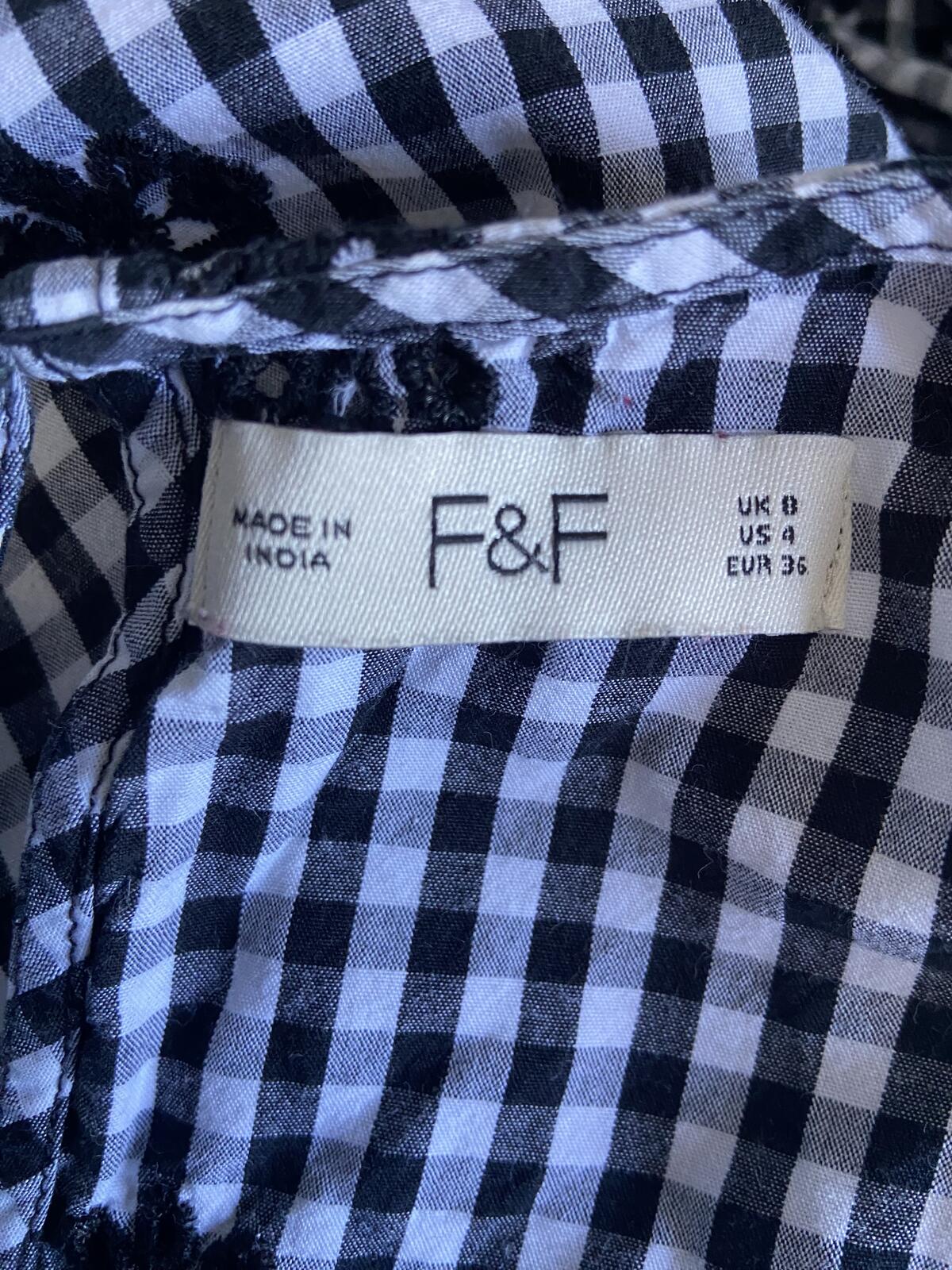 F&F UK 8 Black White Gingham Daisy Embroidered Dress Smock Pockets Cotton