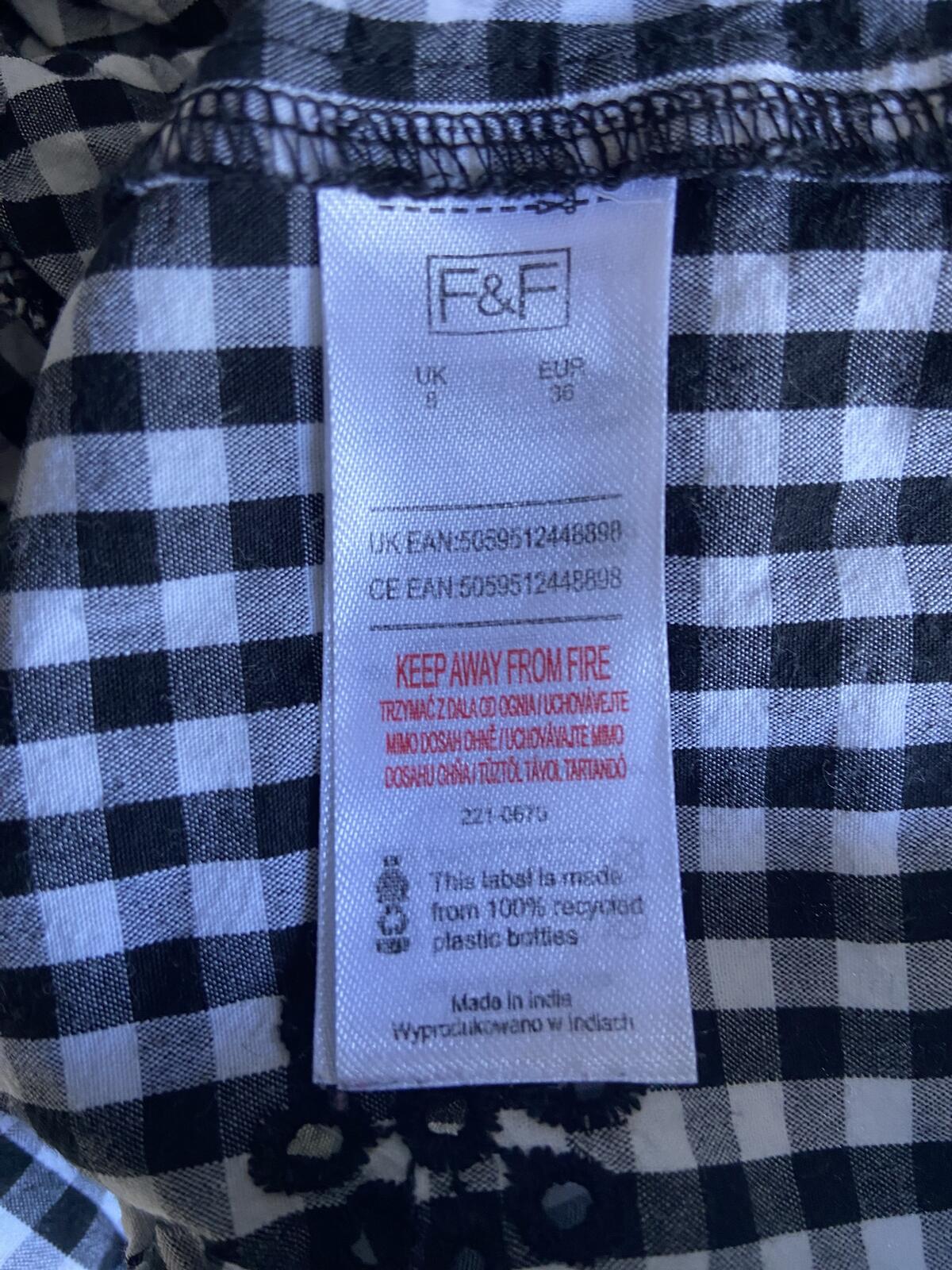 F&F UK 8 Black White Gingham Daisy Embroidered Dress Smock Pockets Cotton