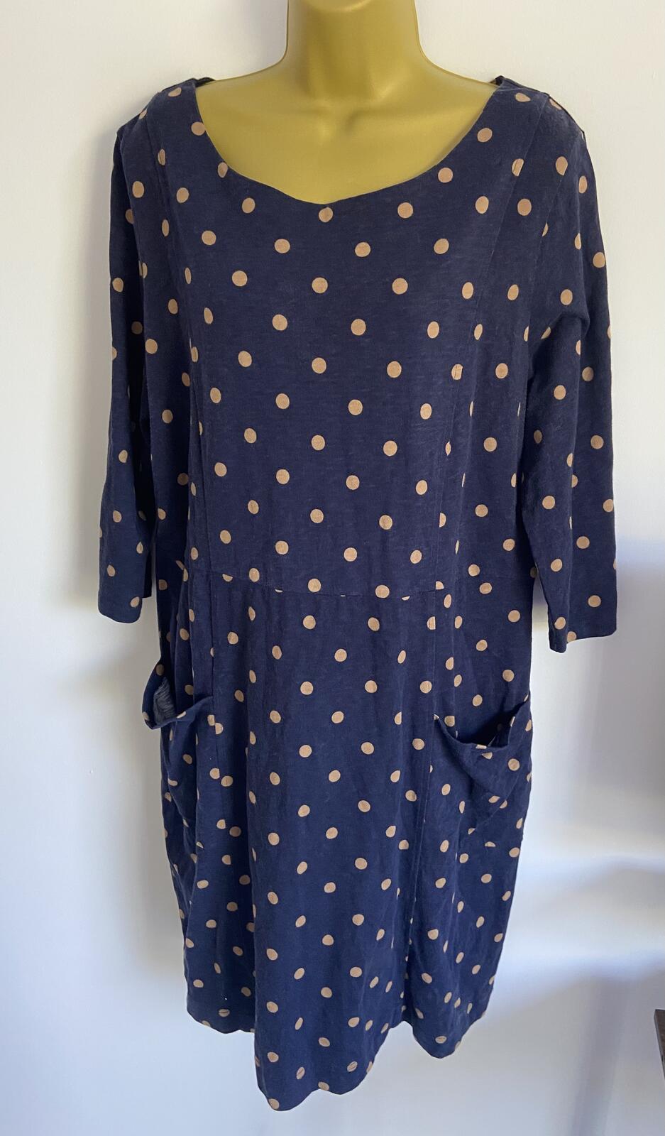 Joules UK 18 Navy Brown Polka Dot Shift Dress Pockets 3/4 Sleeve Cotton