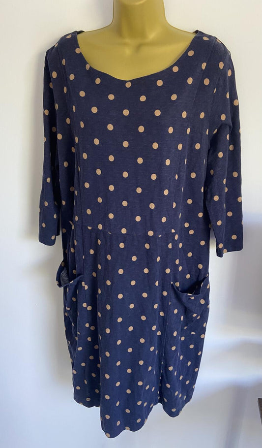 Joules UK 18 Navy Brown Polka Dot Shift Dress Pockets 3/4 Sleeve Cotton
