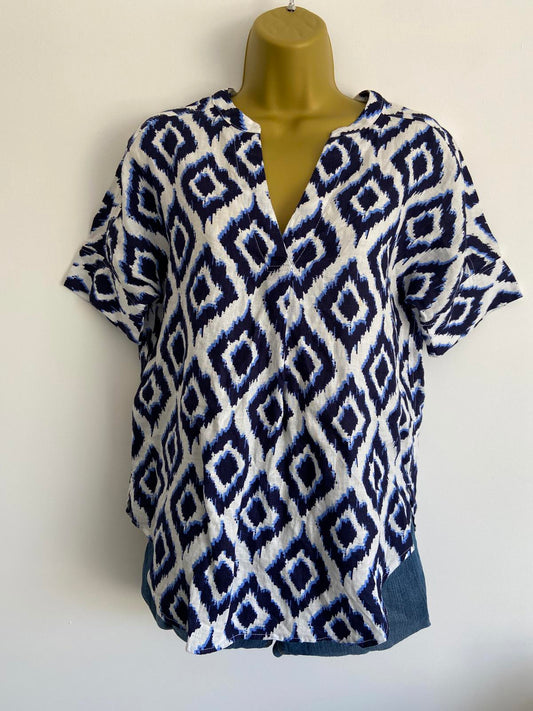 M&S Size 6 Pure Linen Blouse White Navy Blue Diamond Pattern Short Sleeve