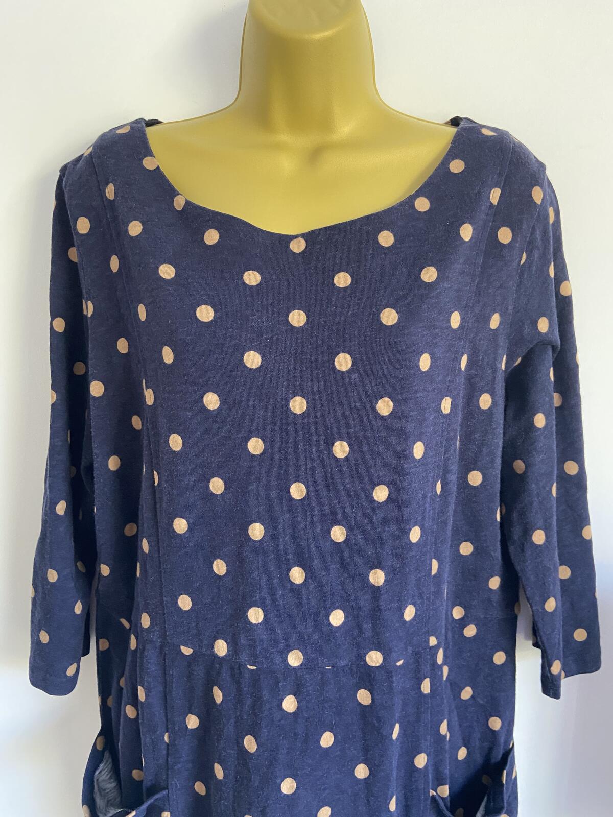 Joules UK 18 Navy Brown Polka Dot Shift Dress Pockets 3/4 Sleeve Cotton