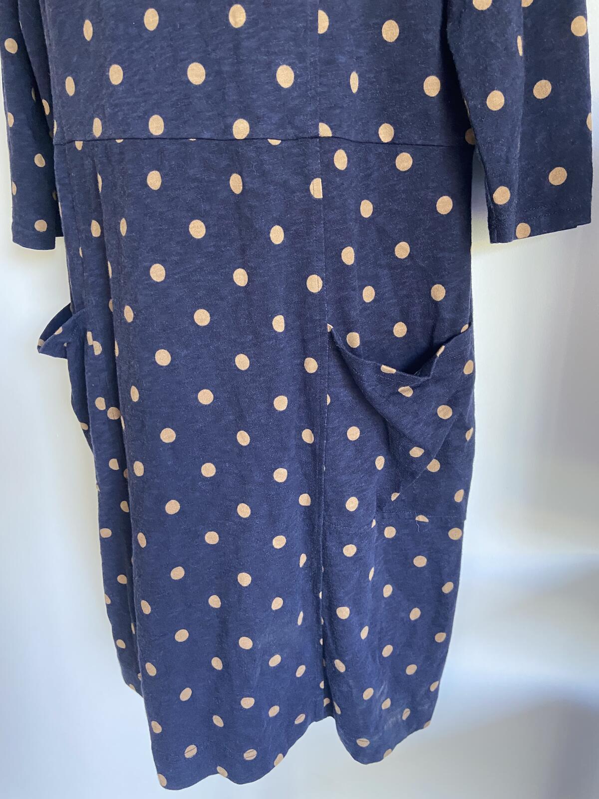 Joules UK 18 Navy Brown Polka Dot Shift Dress Pockets 3/4 Sleeve Cotton