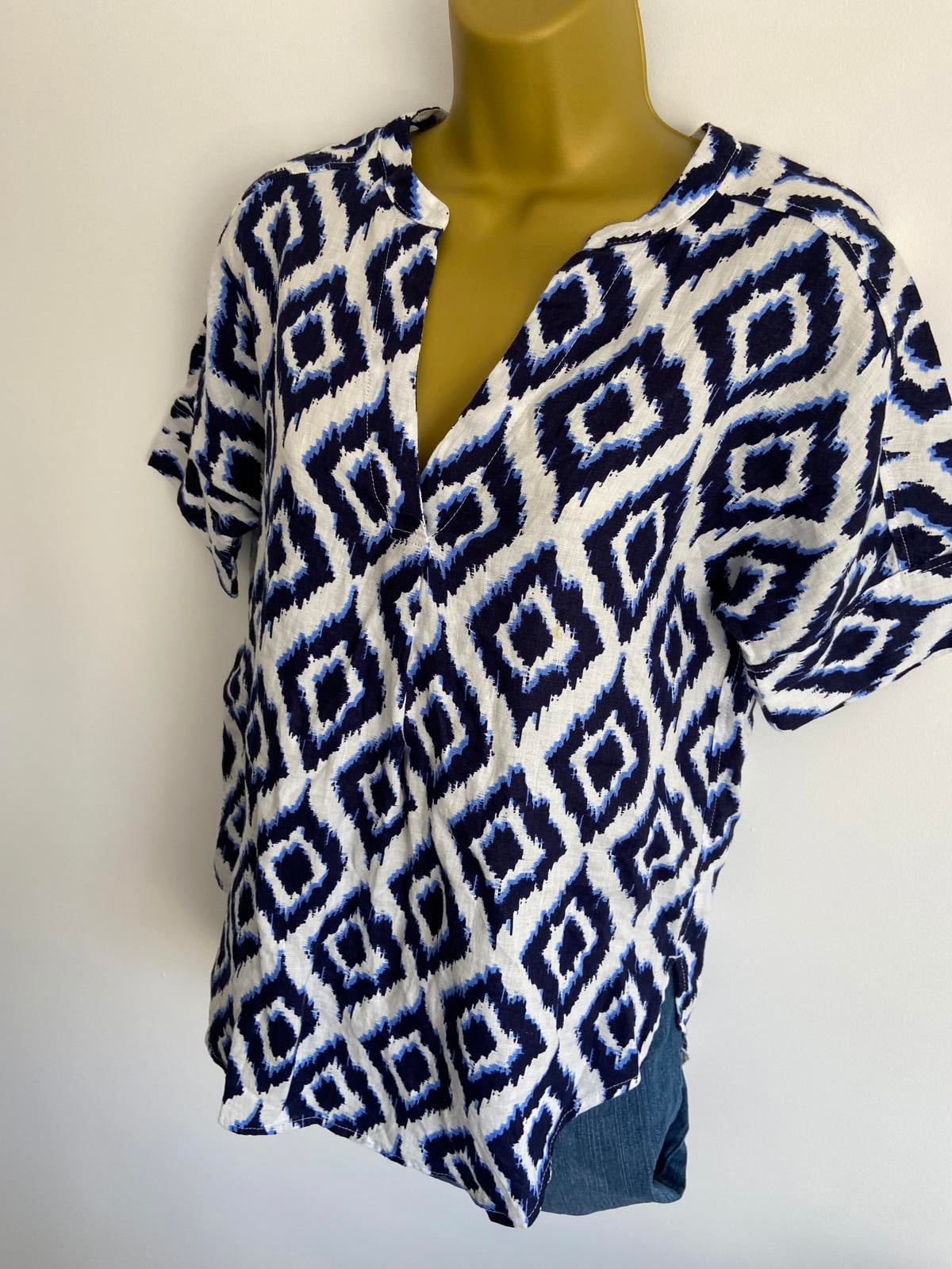 M&S Size 6 Pure Linen Blouse White Navy Blue Diamond Pattern Short Sleeve
