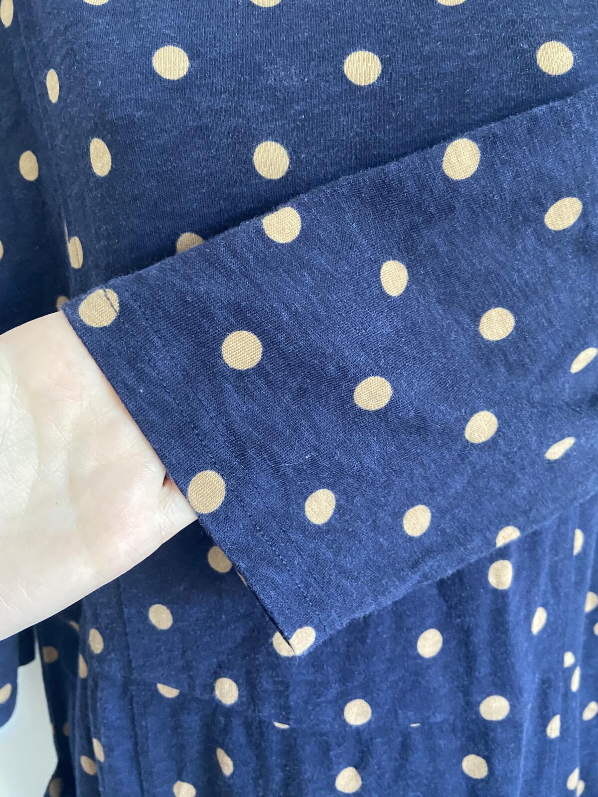 Joules UK 18 Navy Brown Polka Dot Shift Dress Pockets 3/4 Sleeve Cotton