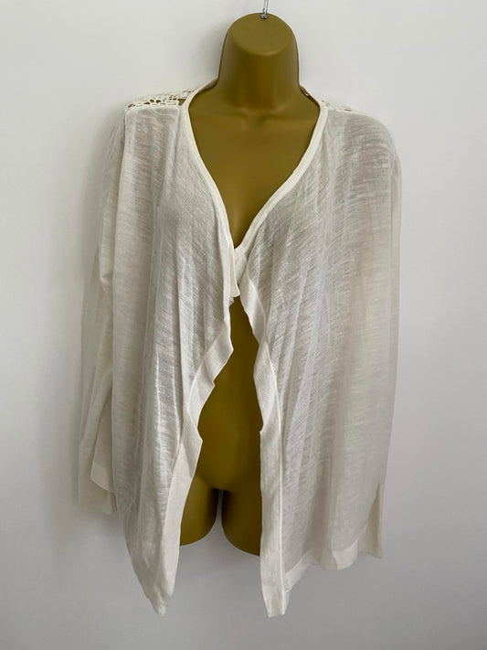 M&S Cream Open Front Cardigan Size 10-12 Lightweight Floral Lace Back P2P 50cm