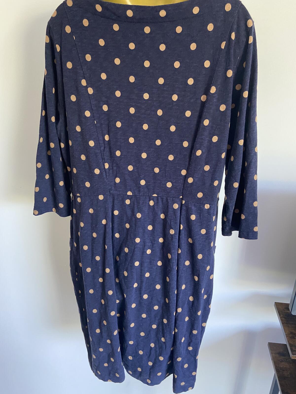 Joules UK 18 Navy Brown Polka Dot Shift Dress Pockets 3/4 Sleeve Cotton