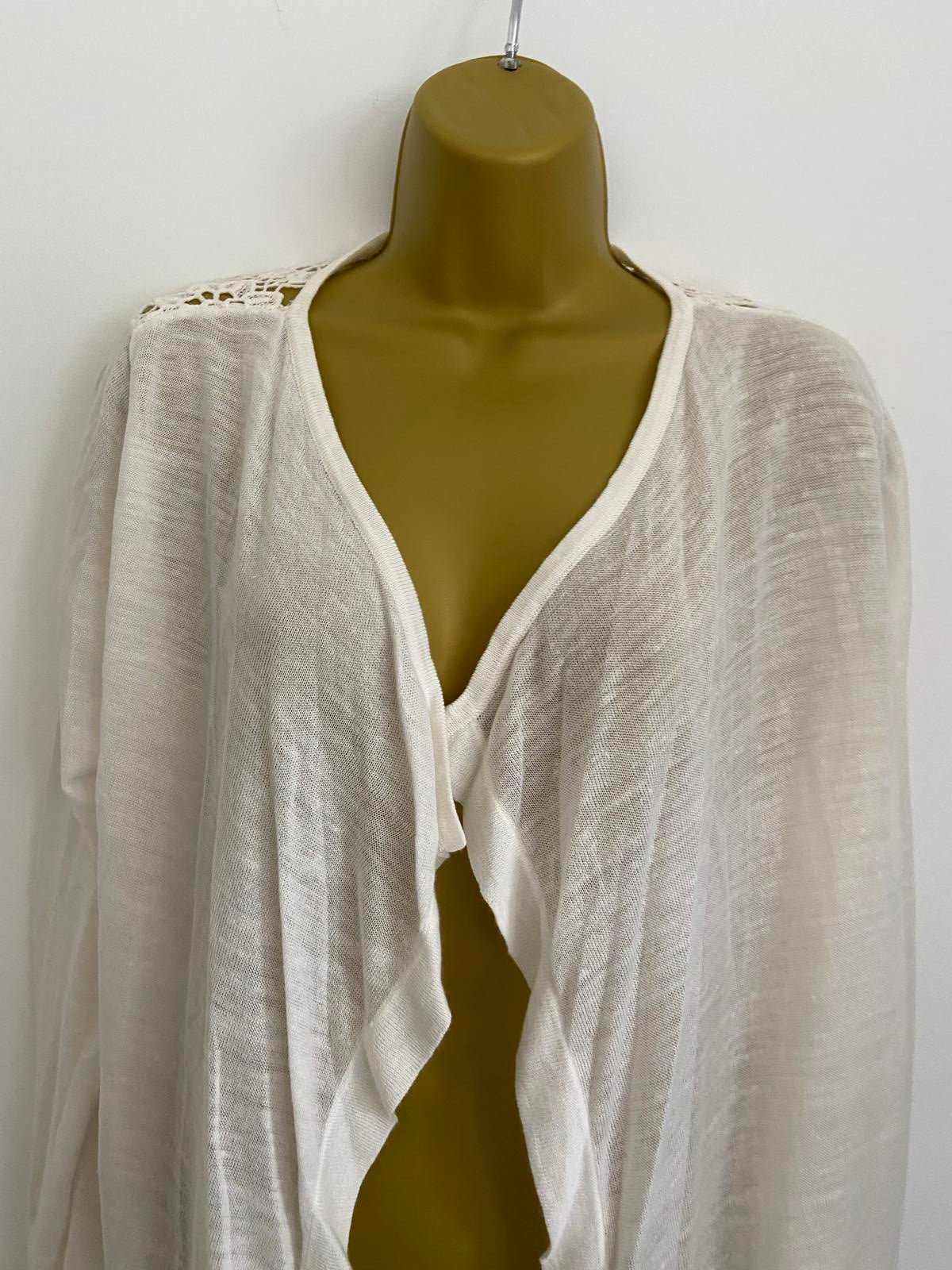 M&S Cream Open Front Cardigan Size 10-12 Lightweight Floral Lace Back P2P 50cm