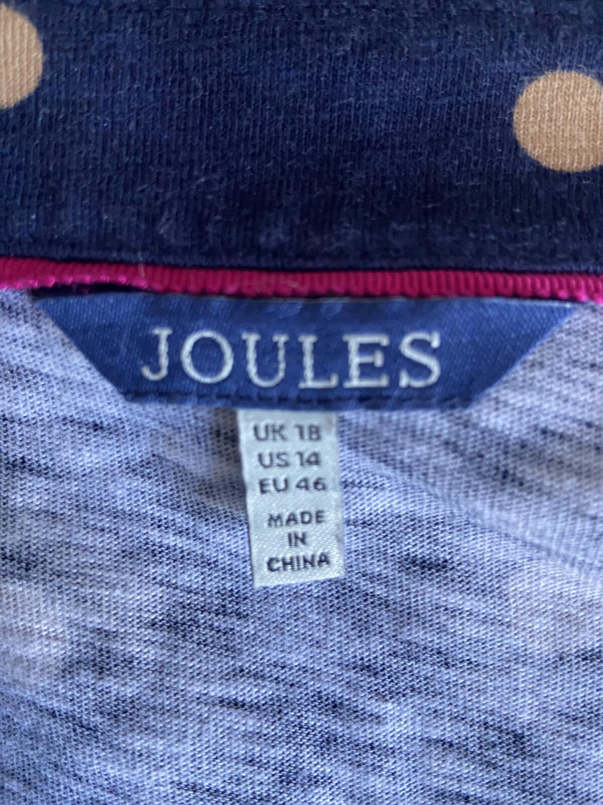 Joules UK 18 Navy Brown Polka Dot Shift Dress Pockets 3/4 Sleeve Cotton