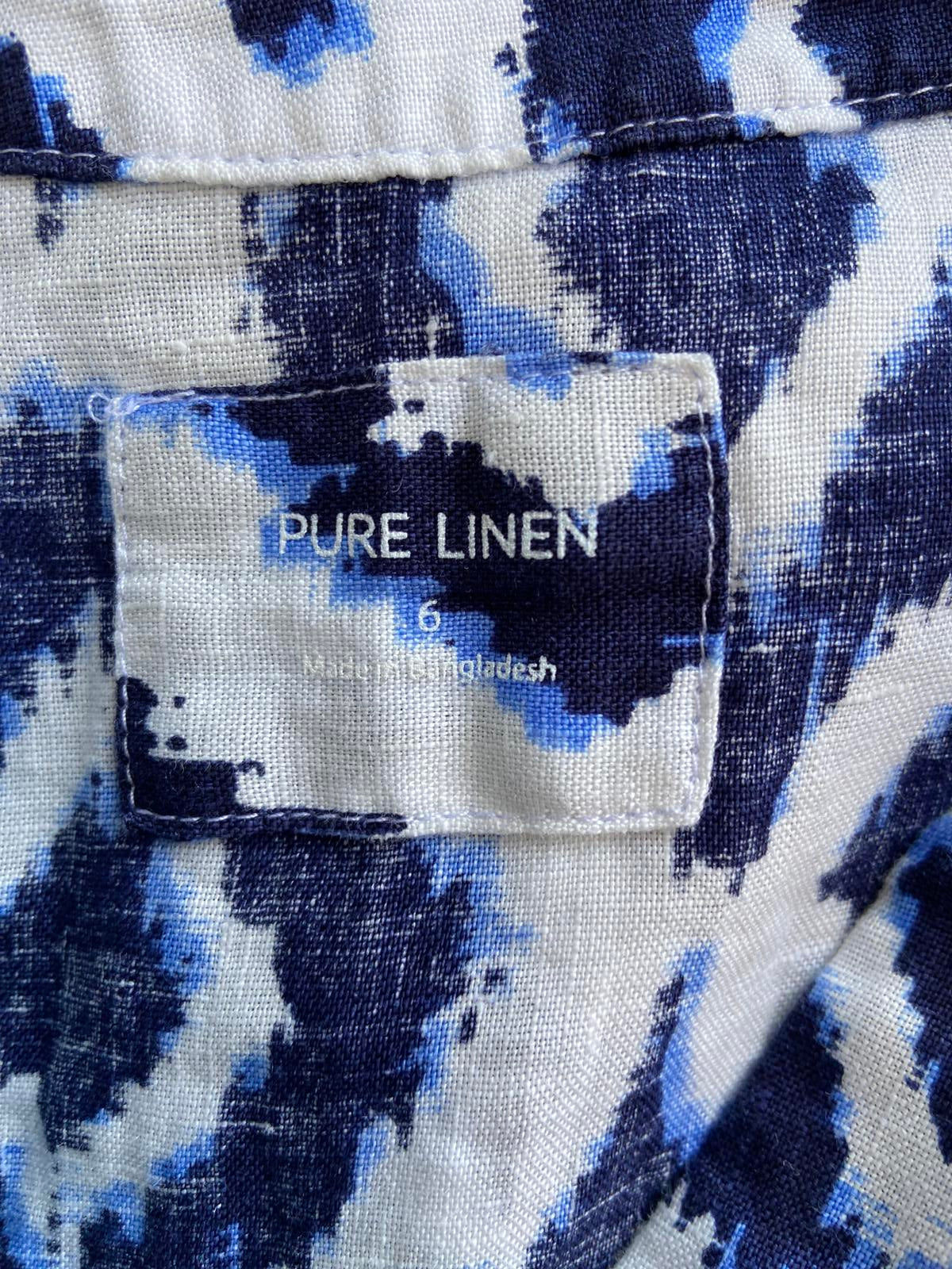 M&S Size 6 Pure Linen Blouse White Navy Blue Diamond Pattern Short Sleeve