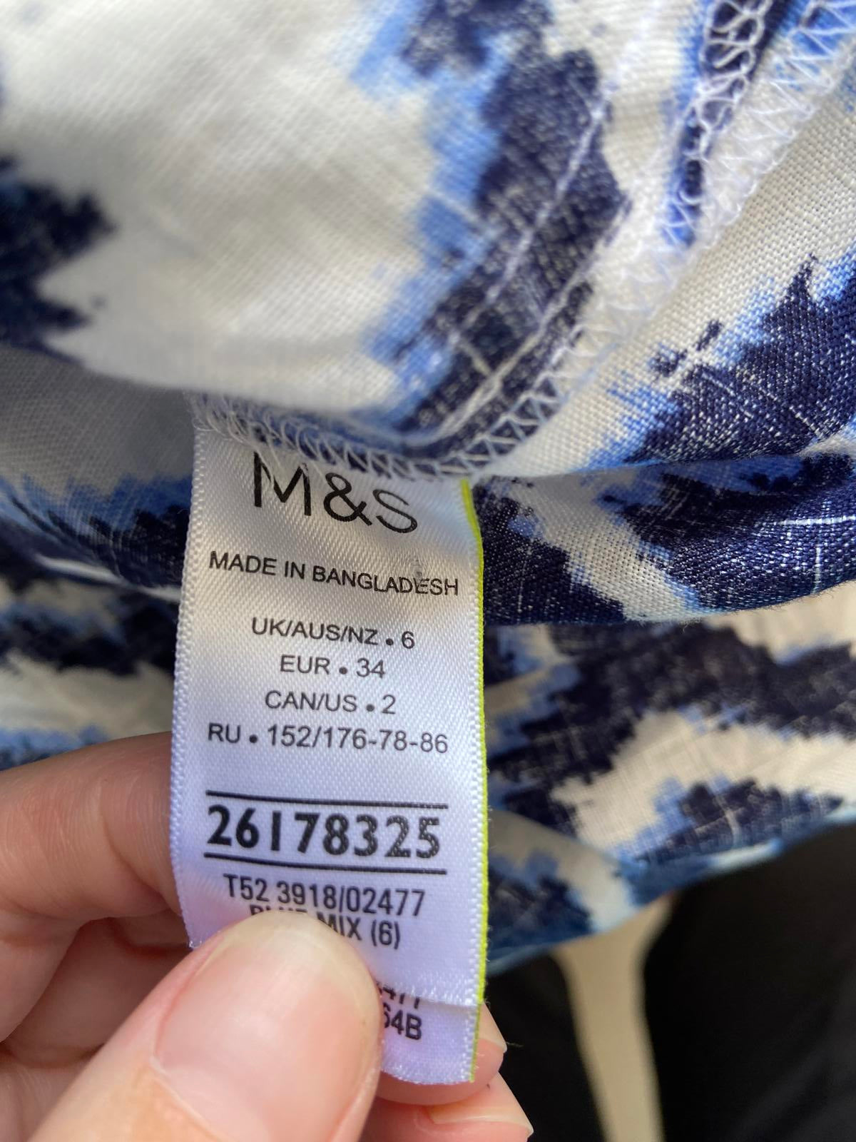 M&S Size 6 Pure Linen Blouse White Navy Blue Diamond Pattern Short Sleeve
