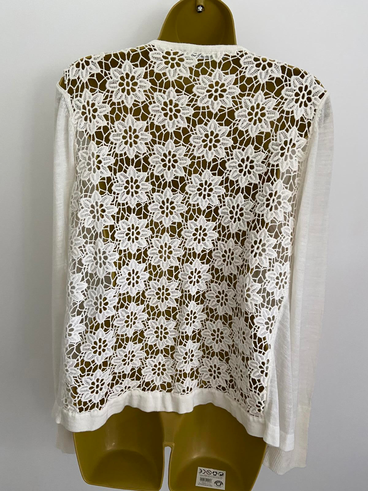 M&S Cream Open Front Cardigan Size 10-12 Lightweight Floral Lace Back P2P 50cm