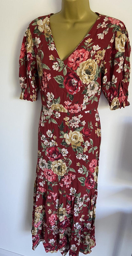 F&F UK 8 Red Floral Maxi Summer Dress V-Neck Puff Sleeve Viscose Floaty