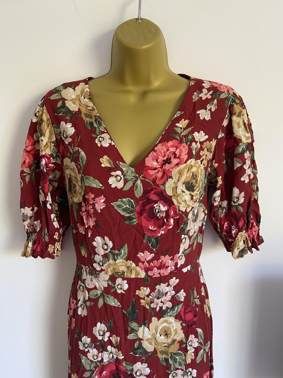 F&F UK 8 Red Floral Maxi Summer Dress V-Neck Puff Sleeve Viscose Floaty