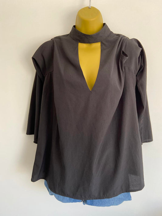 Boohoo Size 14 Black High Neck Blouse Long Sleeves with Open Shoulders