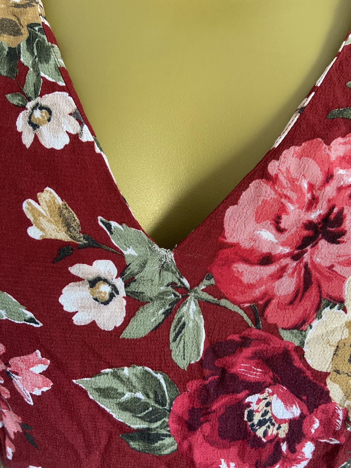 F&F UK 8 Red Floral Maxi Summer Dress V-Neck Puff Sleeve Viscose Floaty