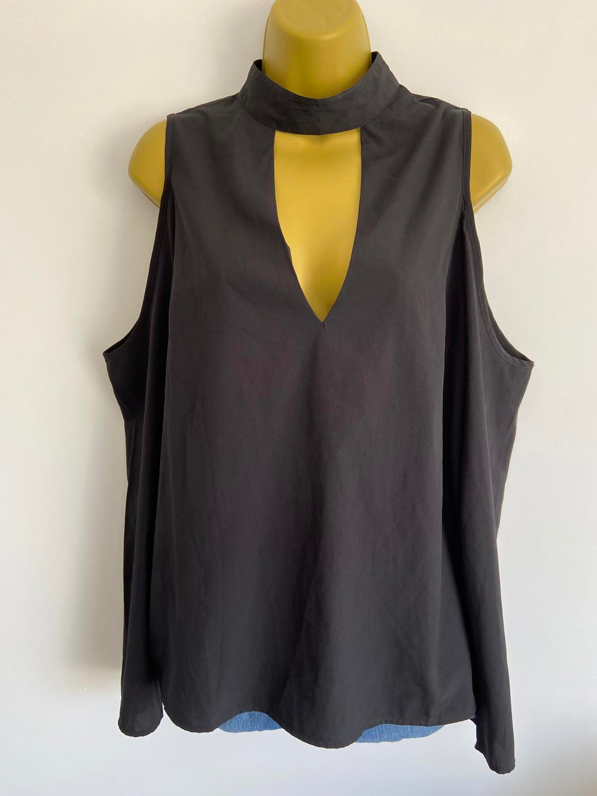 Boohoo Size 14 Black High Neck Blouse Long Sleeves with Open Shoulders