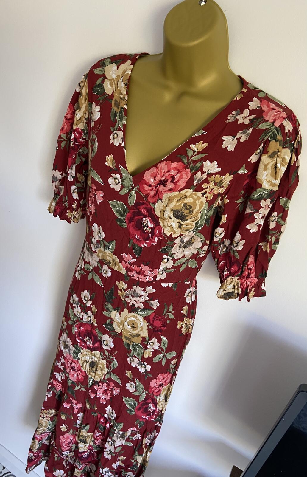 F&F UK 8 Red Floral Maxi Summer Dress V-Neck Puff Sleeve Viscose Floaty