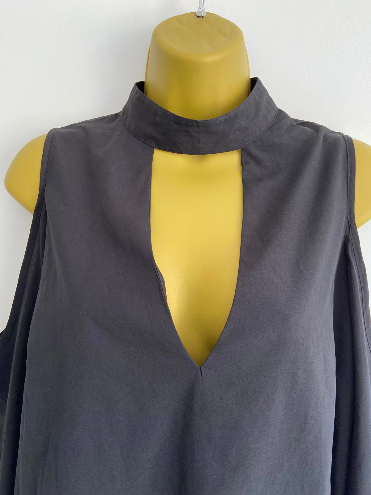 Boohoo Size 14 Black High Neck Blouse Long Sleeves with Open Shoulders