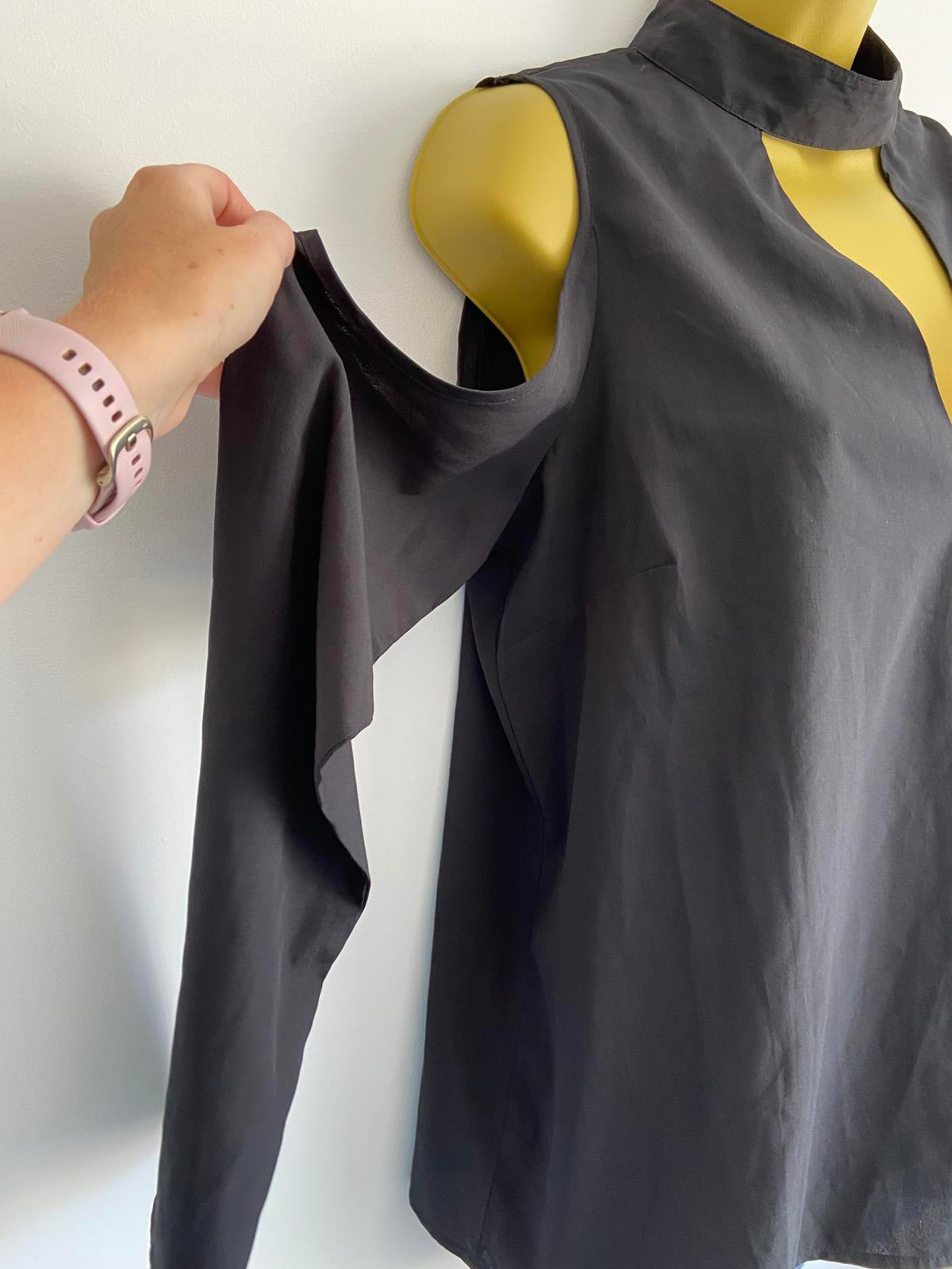 Boohoo Size 14 Black High Neck Blouse Long Sleeves with Open Shoulders